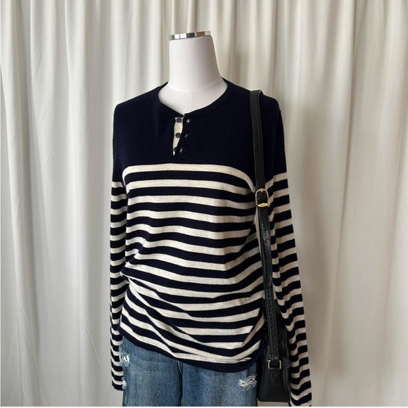 VINCE. Henley navy and cream striped sweater in a cashmere and wool blend. - Picture 5 of 8